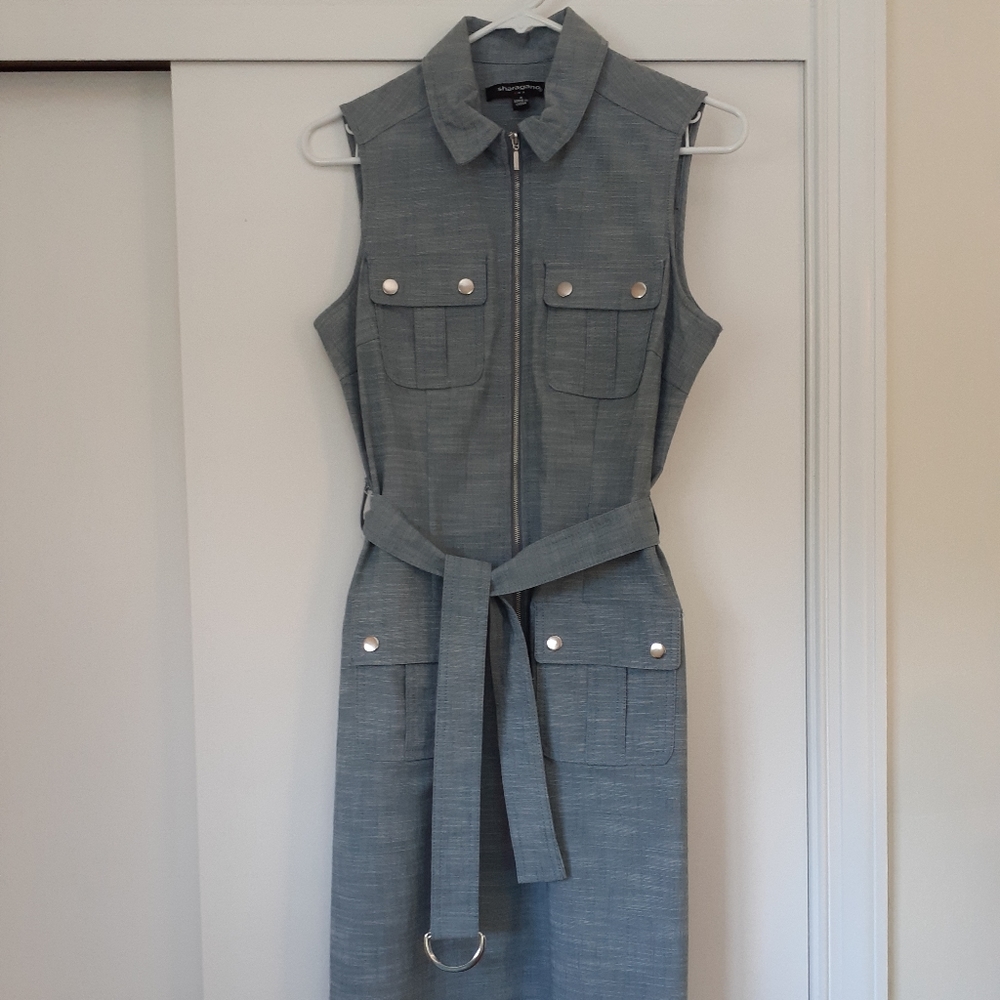 EUC Denim blue zip-up belted dress w/pockets sz 4